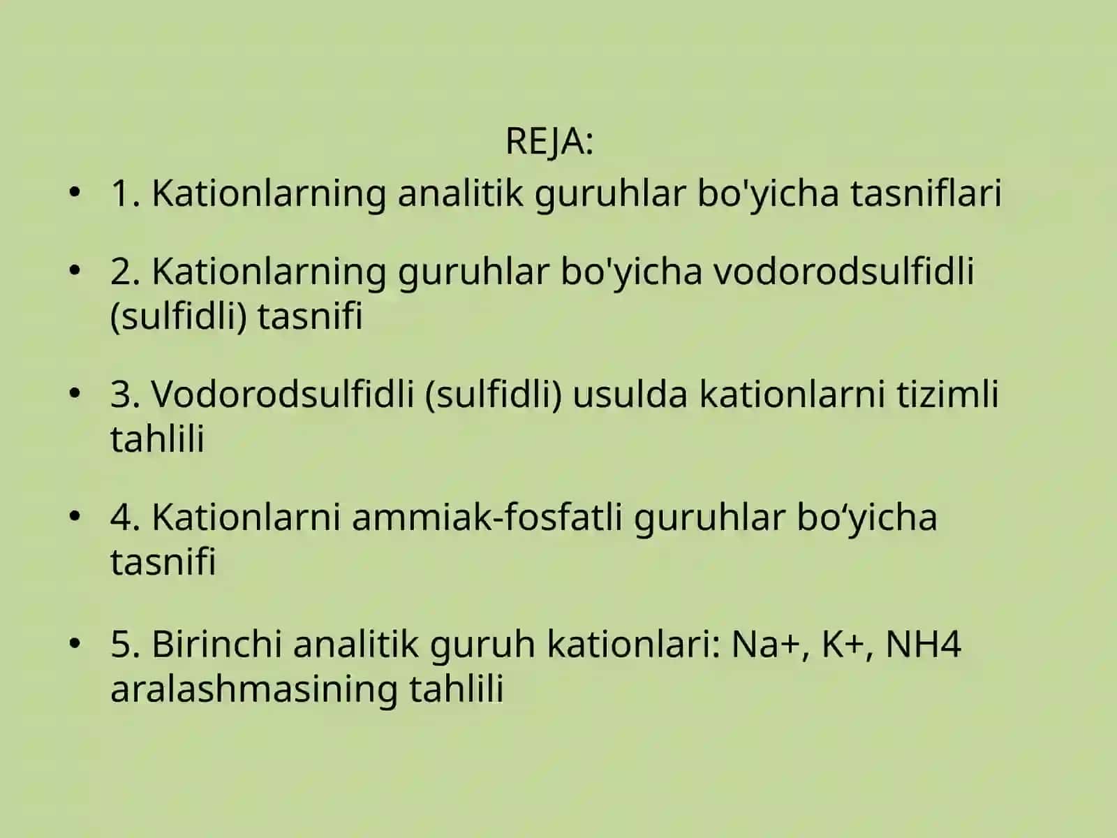 KATIONLARNING ANALITIK GURUHLAR BO’YICHA TASNIFLARI VA ULARNI TAQQOSLASH. (vodorodsulfidli,kislota-asoslivaammiak-fosfatlitasnifi) 2
