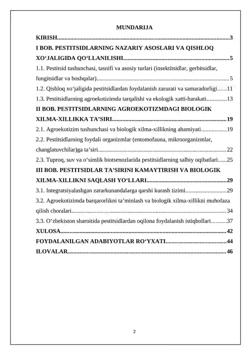Pestitsidlar qo’llanilishi va agroekotizmdagi bialogik xilma-xillikga ta’siri 2