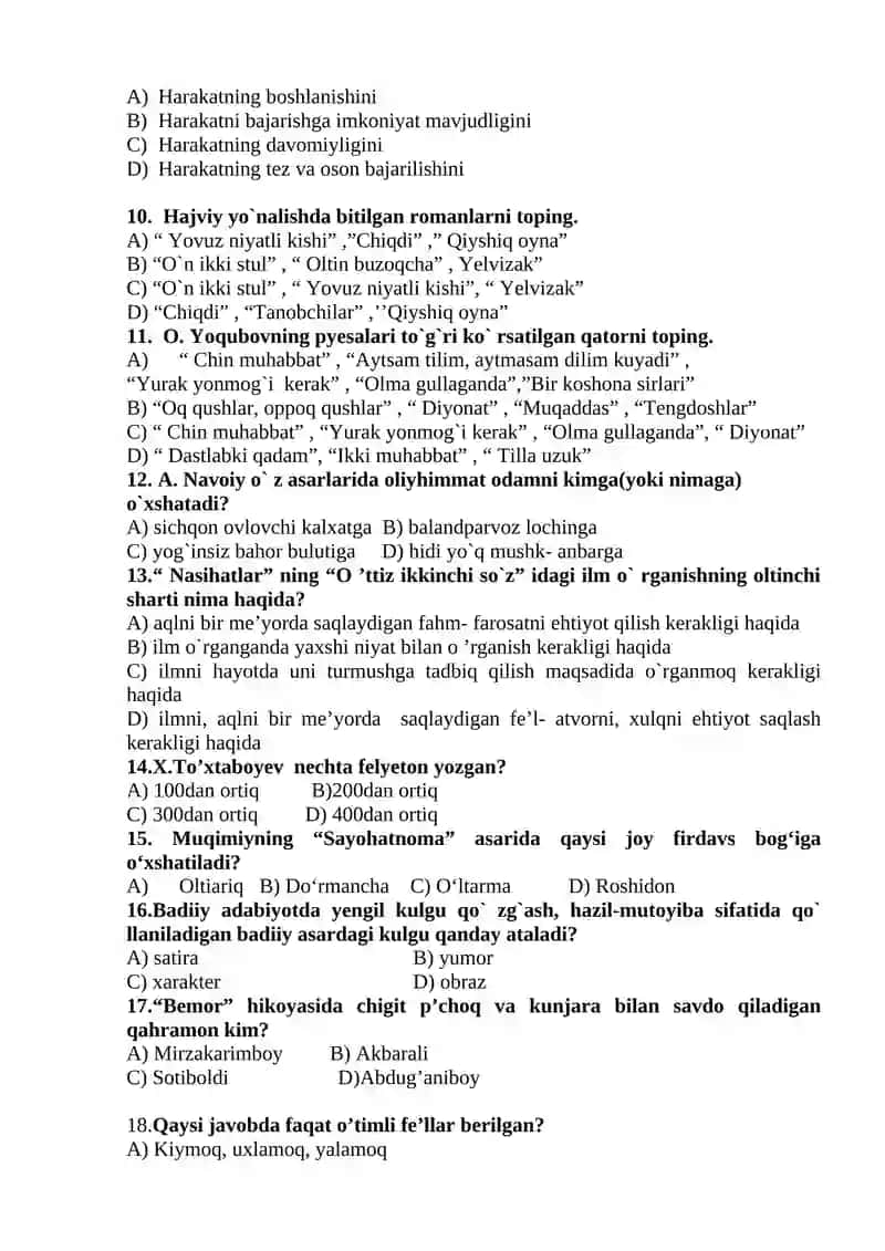 Ona tili va adabiyot fanidan onlayn olimpiada test savollari (6-sinf) 2
