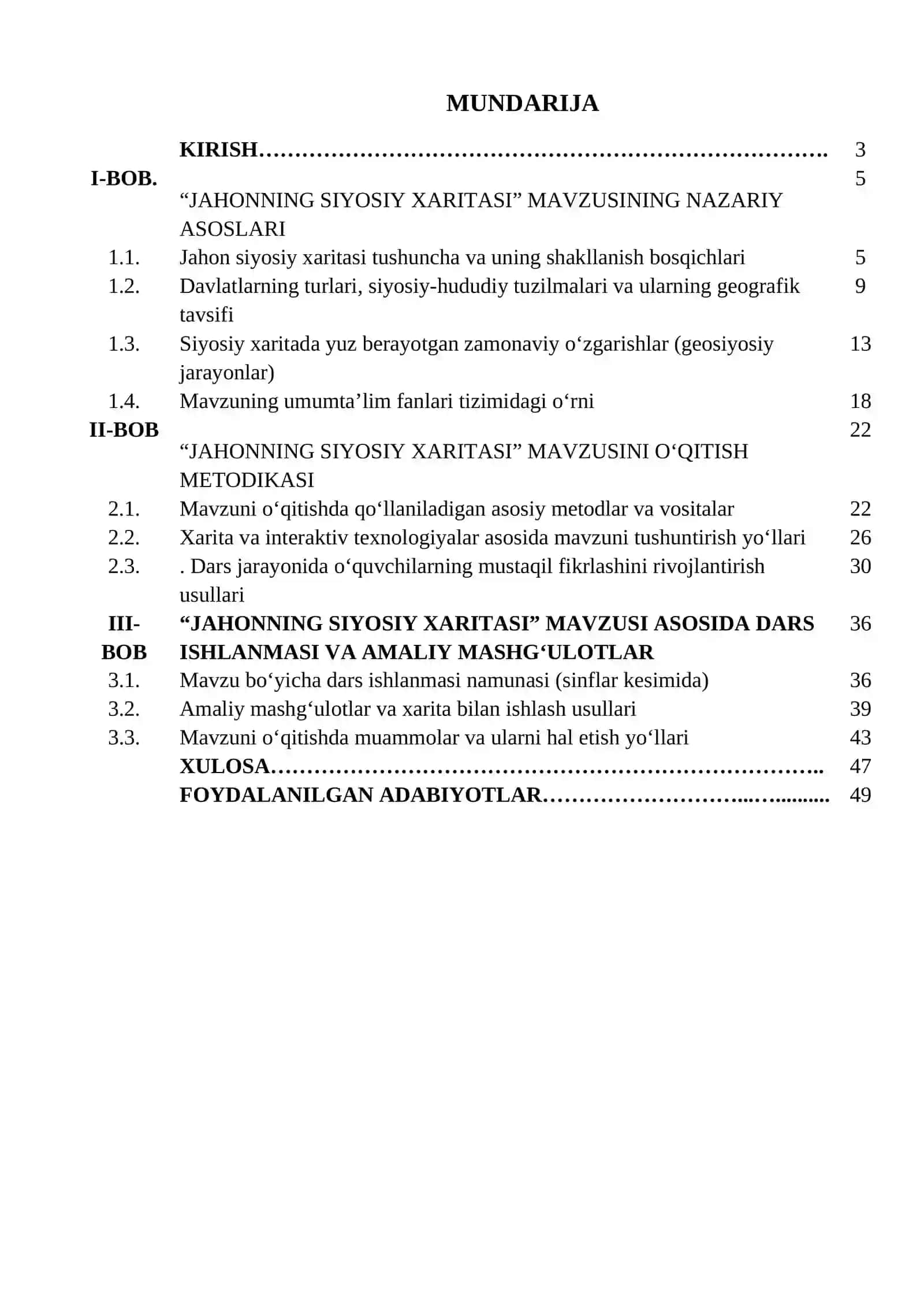 Jahon ijtimoiy-iqtisodiy geografiyasi kursida “Jahonning siyosiy xaritasi” mavzusini o’rganish metodikasi 2