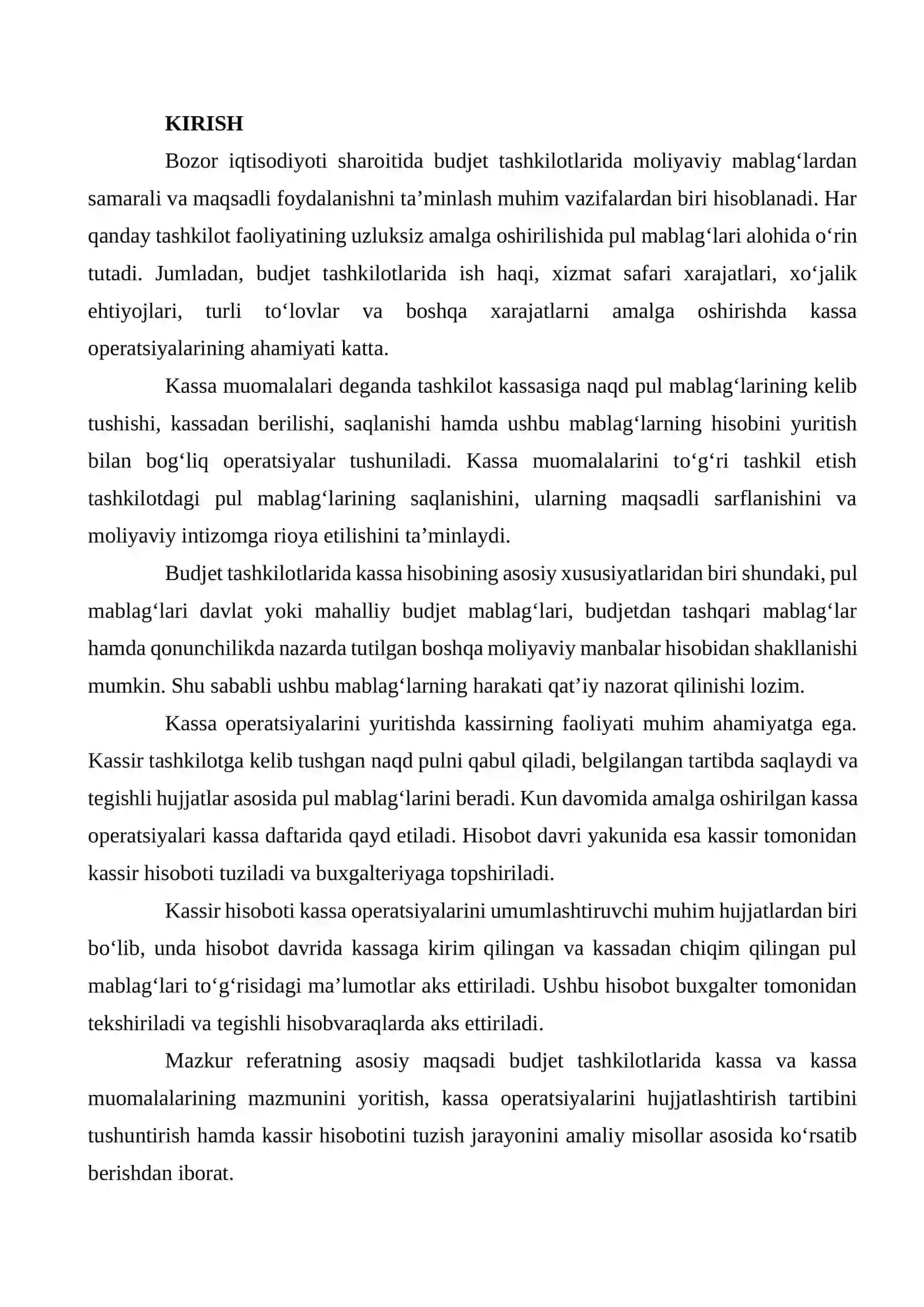 BUDJET TASHKILOTLARIDA KASSA VA KASSA MUOMALALARI HISOBI. KASSIR HISOBOTINI TUZISH 2