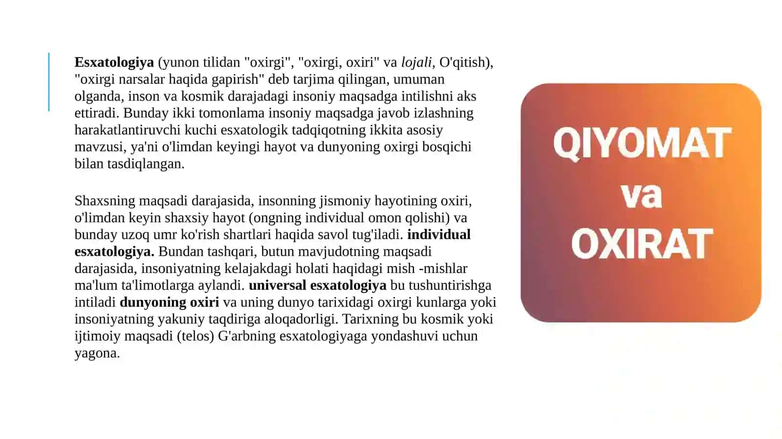 Esxatologiya mohiyati  Qiyomat va Oxirat dunyosi 2