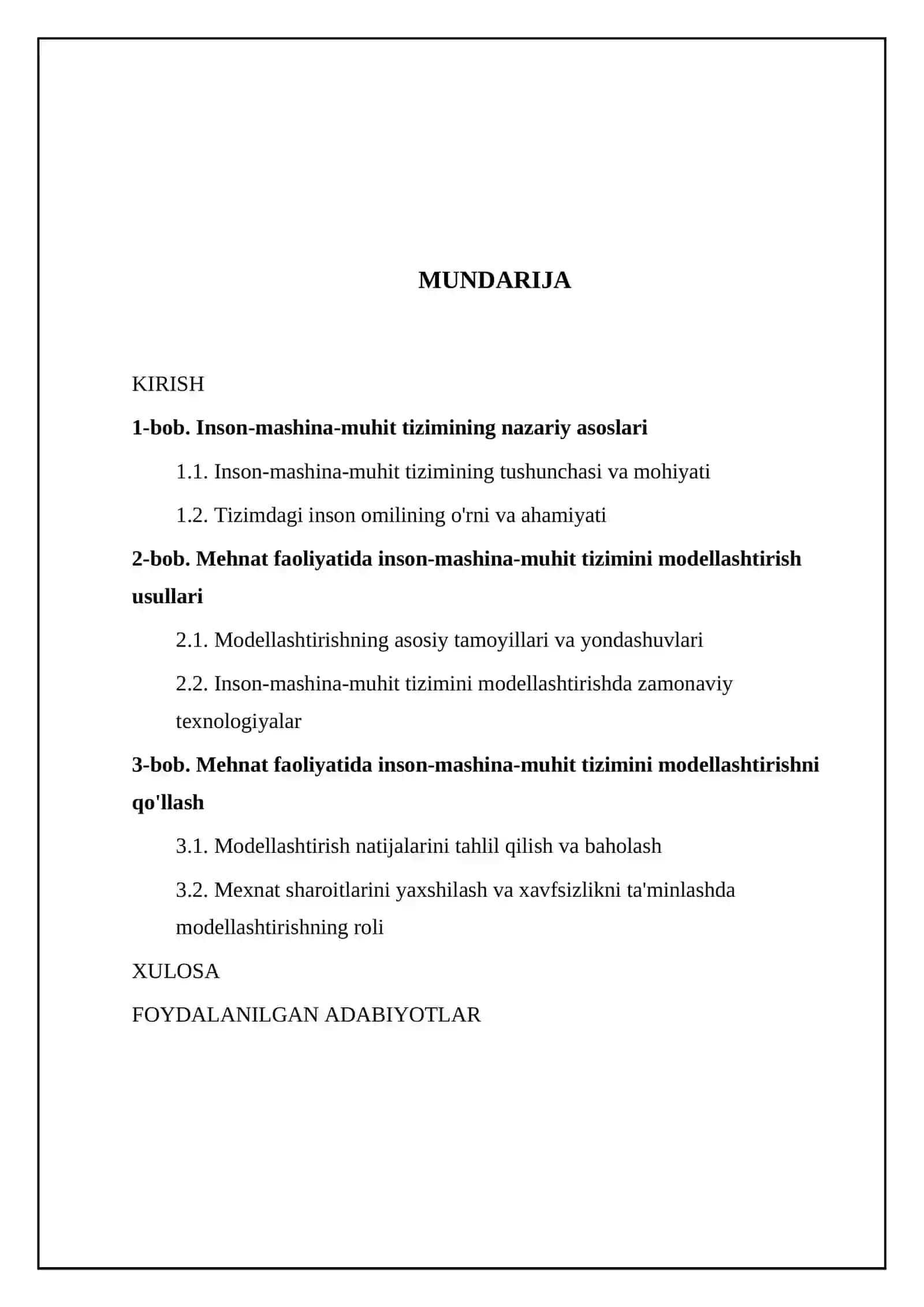 Mexnat faoliyatida “Inson-mashina-muxit“ tizimini modellashtirsh kurs ishi 2