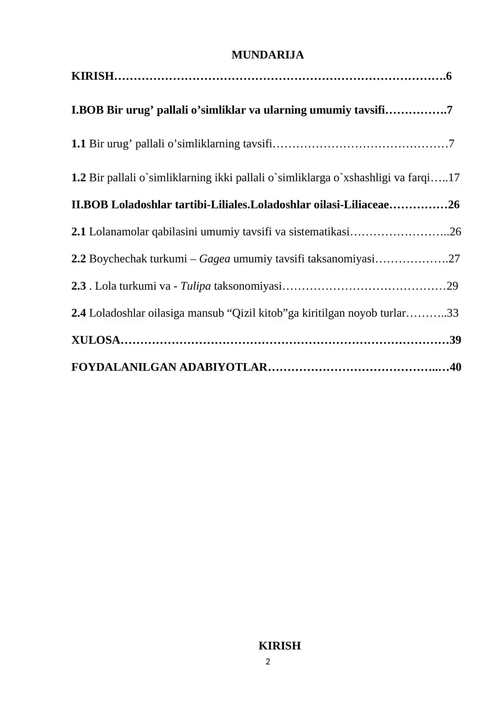 Loladoshlar LILIACEAE oilasi 2