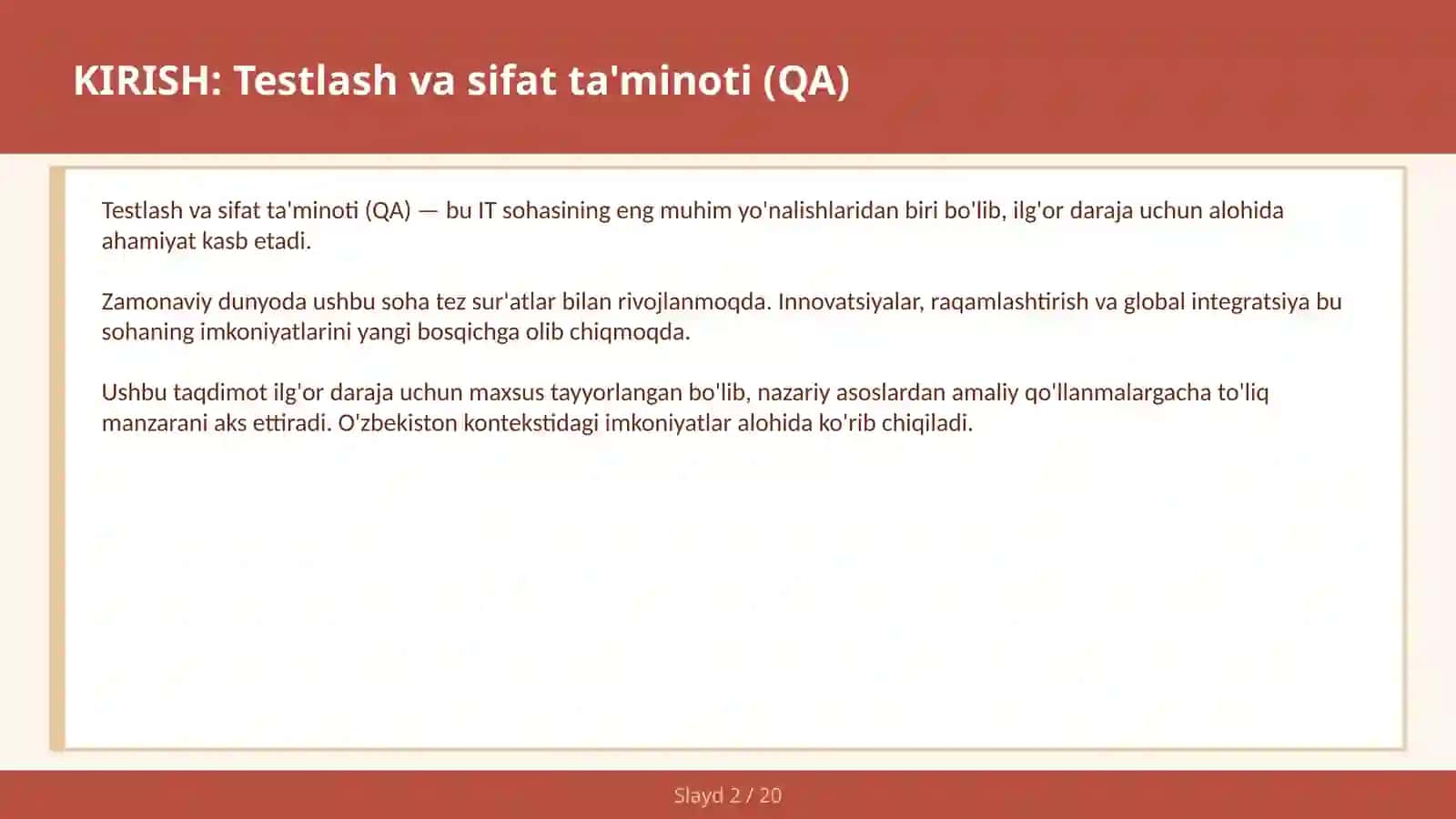 Testlash va sifat ta'minoti (QA) 2