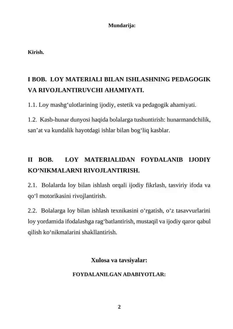 Loy mashg’ulotida bolalarni kasb-hunar dunyosi bilan tanishtirish (KURS ISHI) 2