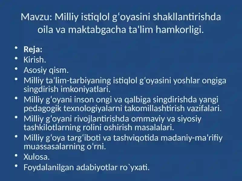 Milliy istiqlol g‘oyasini shakllantirishda oila va maktabgacha ta’lim hamkorligi. 2