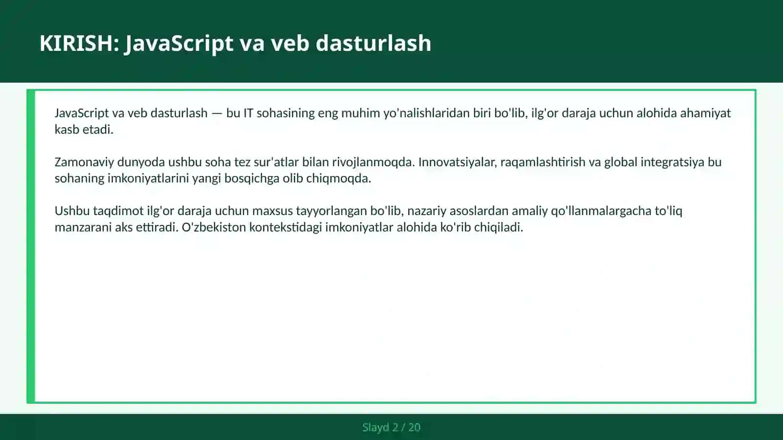 JavaScript VA VEB DASTURLASH (DOM, ES6+ va asinxron dasturlash) 2