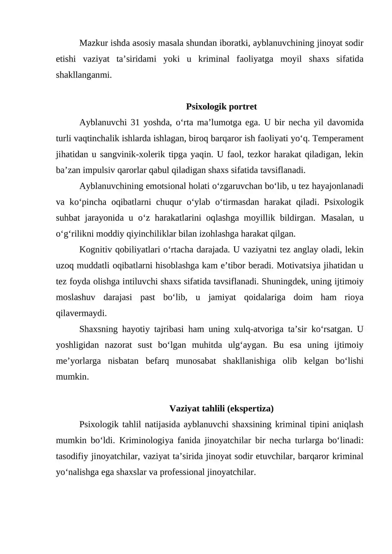 Jinoyatchi shaxsining kriminal tipini aniqlash va uning psixologik xususiyatlarini tahlil qilish keys topshirig'i 2