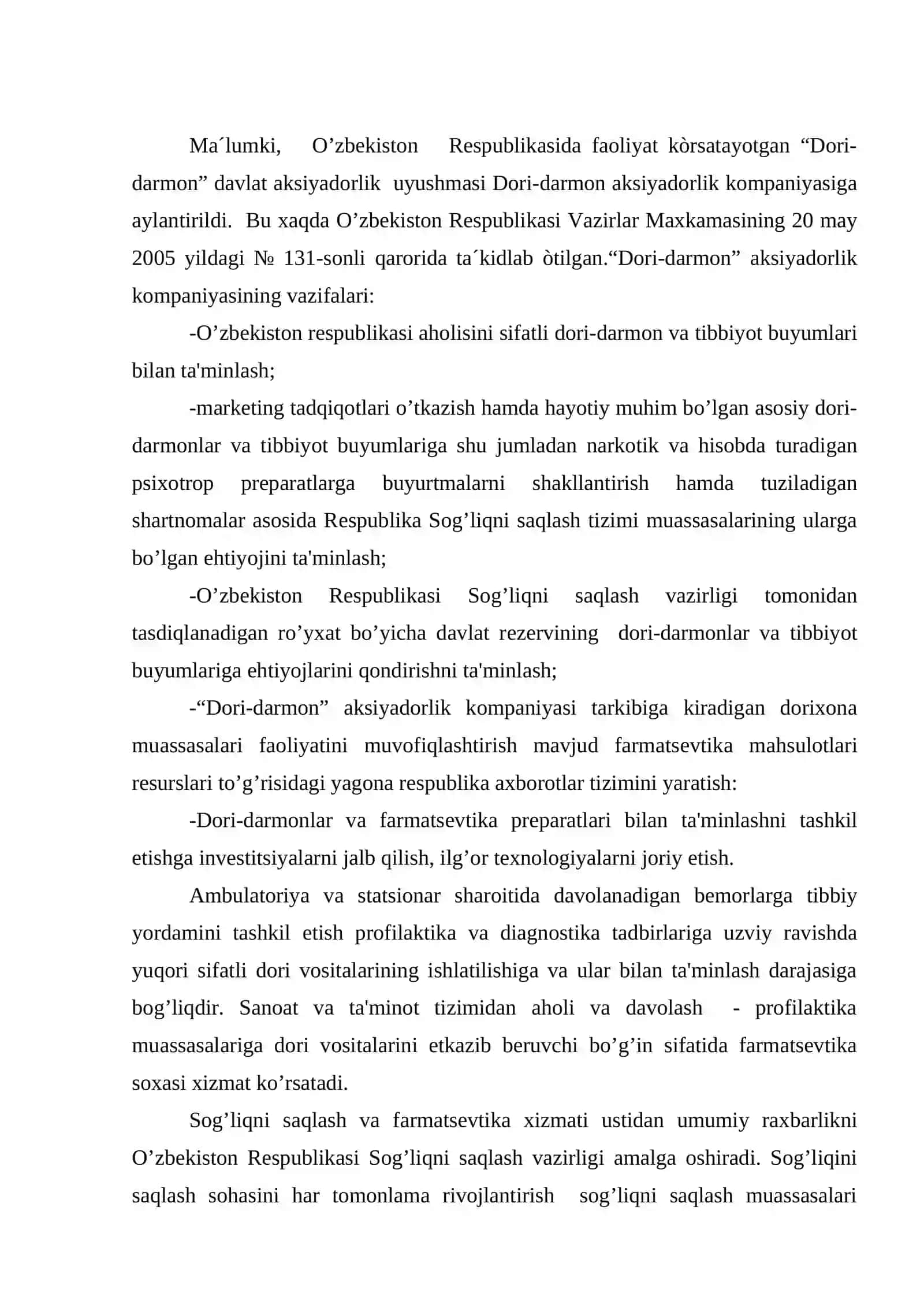 O’zbеkiston Rеspublikasida Sog’liqni saqlash ishlari va farmatsеvtika xizmatini rivojlantirish asoslari 2