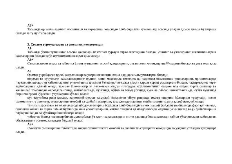 Биология фани бўйича умумий ўрта таълим муассасалари битирувчиларига қўйиладиган малака талаблари 2