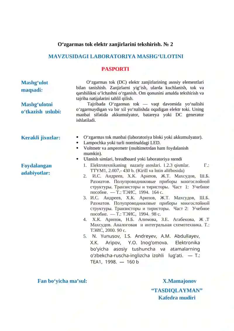 Texnika xavfsizligi qoidalari. Laboratoriya stendlari bilan tanishish. №1 2