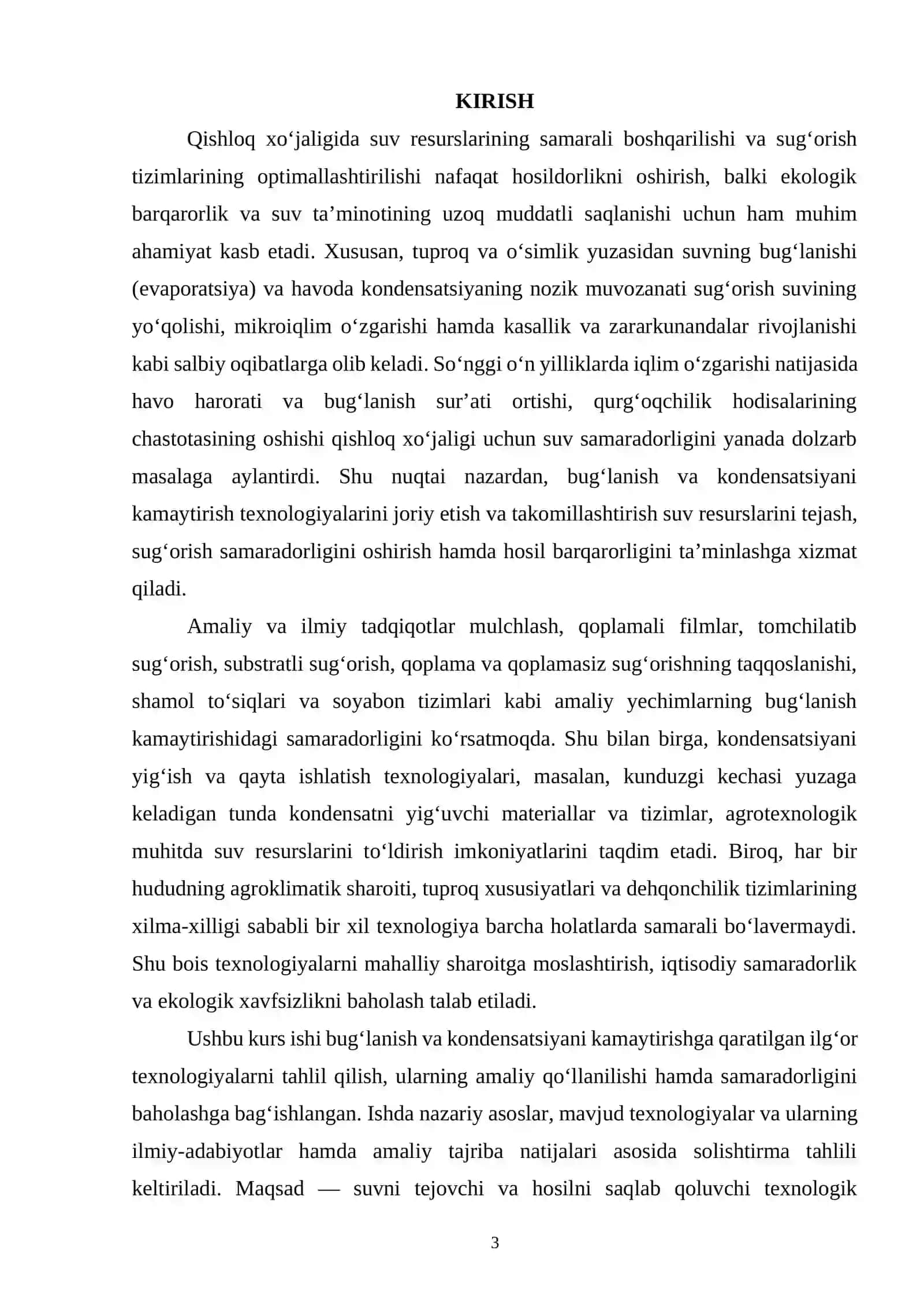 QISHLOQ XO‘JALIGIDA SUVNING BUG‘LANISHI VA KONDENSATSIYASINI KAMAYTIRISH TEXNOLOGIYALARI 2