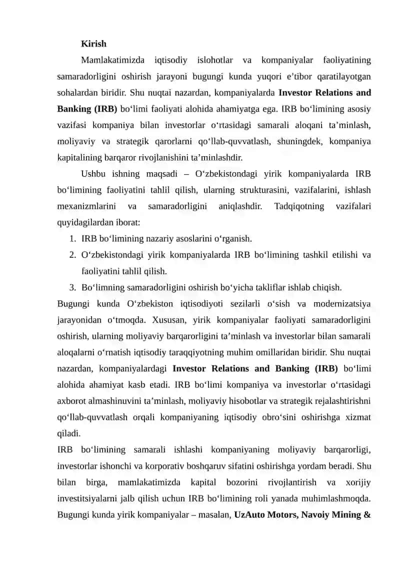 O‘ZBEKISTONDAGI YIRIK KOMPANIYALARNING IRB BO‘LIMI FAOLIYATINI TAHLIL QILISH 2
