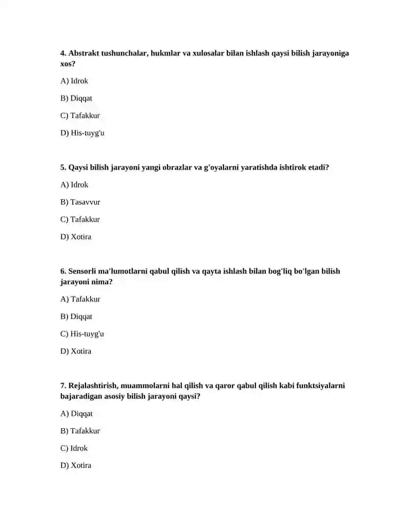 Bilish jarayonlarining qisqacha tasnifi 2