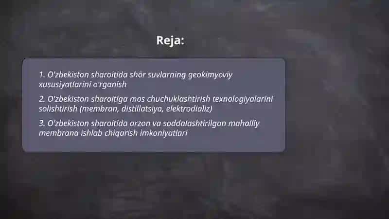 O'zbekiston sharoitida shör suvlarni chuchuklashtirish g'oyasini yaratish Rajabturdiyeva Shirin 2