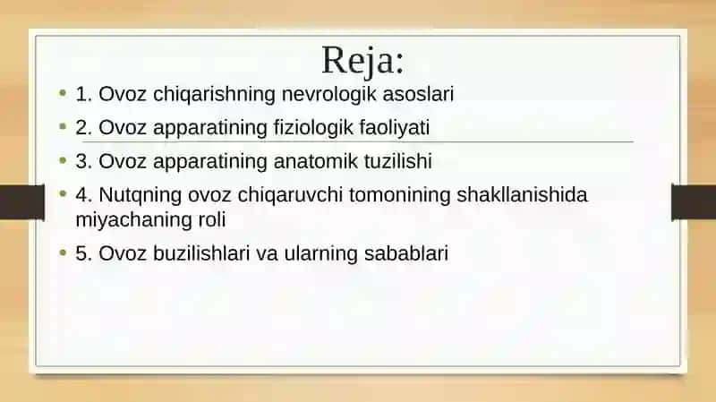 Ovoz boʻlimining tuzilishi, faoliyati va nevrologik asoslari. Nutqning ovoz chiqaruvchi tomonining shakllanishida miyachaning roli. 2