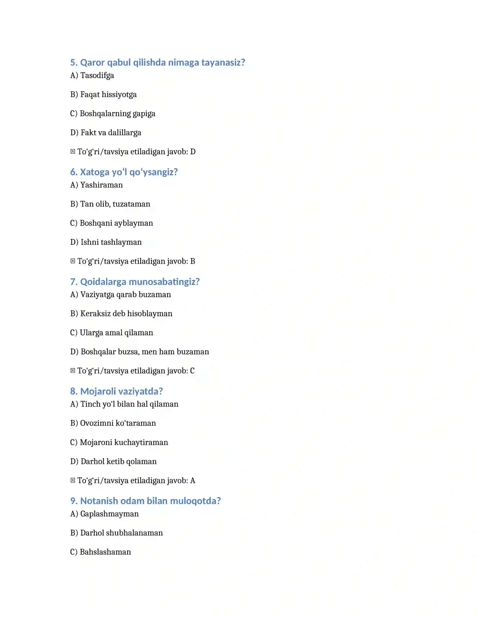 Bojxona psixologik test savollari 86 va javobi 2