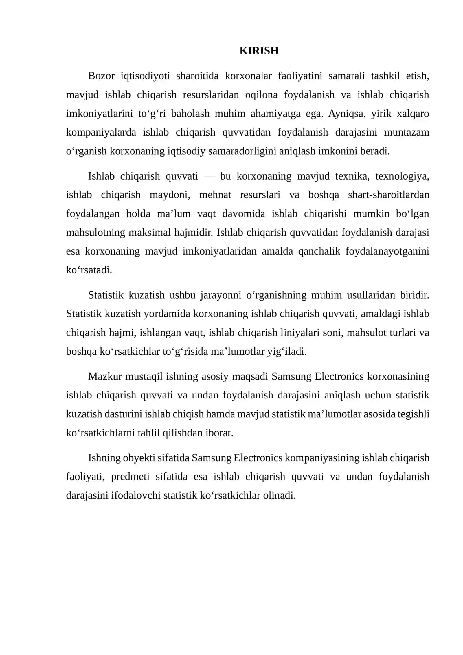 KORXONASINING ISHLAB CHIQARISH QUVVATI VA UNDAN FOYDALANISH DARAJASINI ANIQLASH BO‘YICHA STATISTIK KUZATISH DASTURINI ISHLAB CHIQISH 2