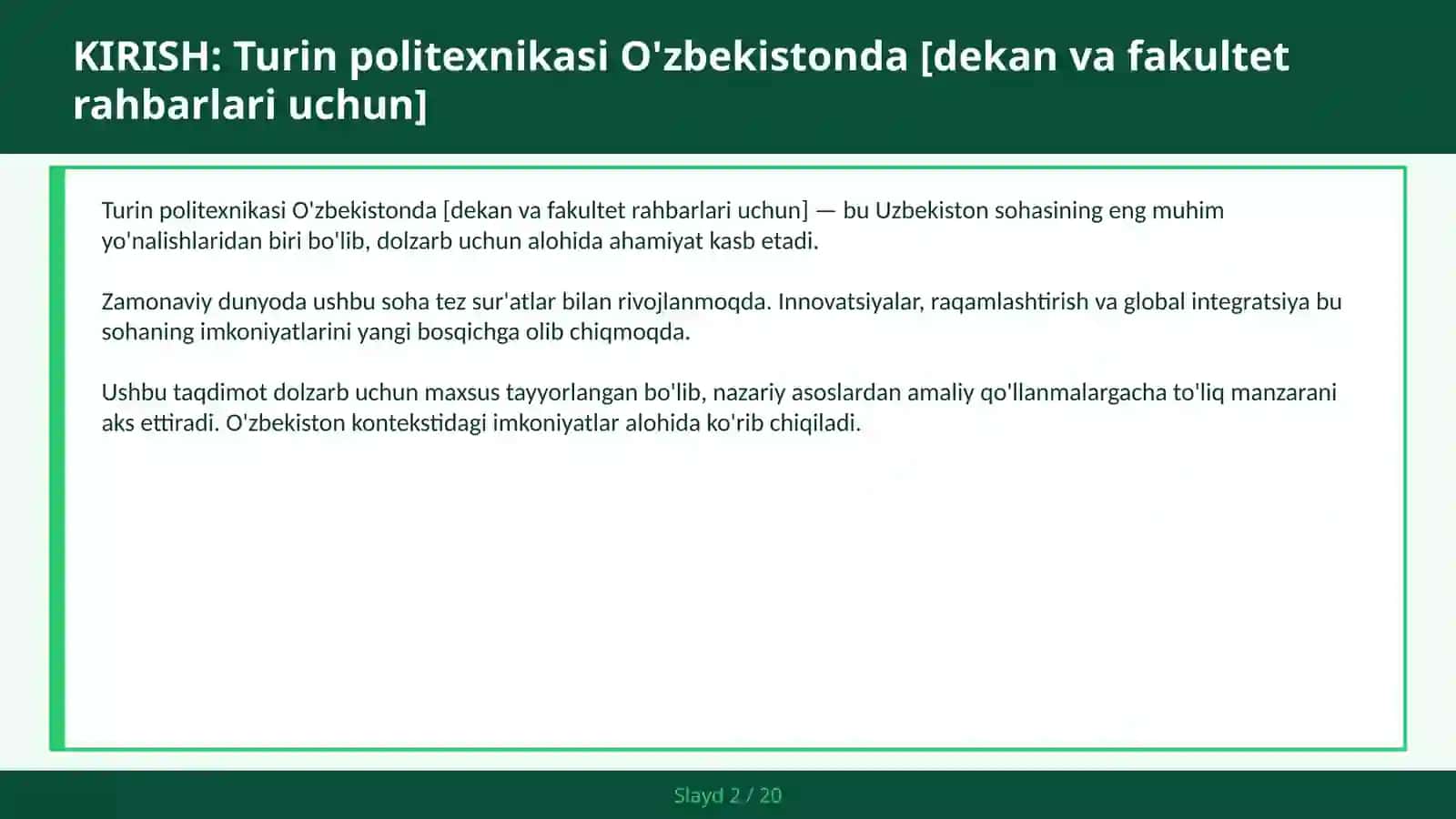 Turin politexnikasi O'zbekistonda [dekan va fakultet rahbarlari uchun] 2