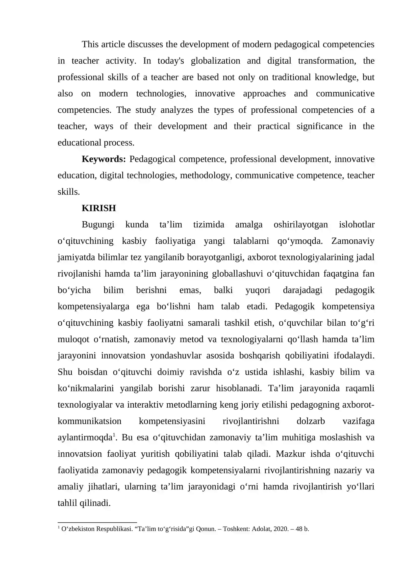 O‘QITUVCHI FAOLIYATIDA ZAMONAVIY PEDAGOGIK KOMPETENSIYALARNI RIVOJLANTIRISH 2