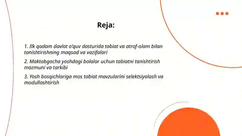 Ilk qadam davlat o'quv dasturida tabiat va atrof olam bilan tanishtirish mazmuni 2