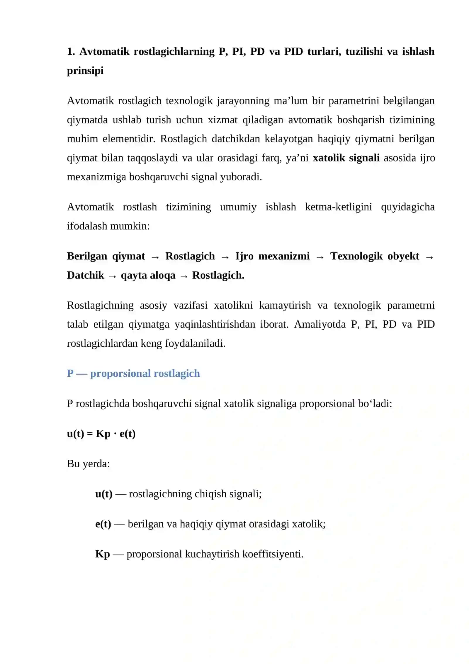 mustaqil ish Avtomatik rostlagichlarning (P, PI, PD, PID) ishlashini tekshirish va montaj oldi sinov 2