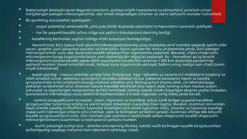 BАKTERIОLОGIK (BIОLОGIK) VOSITALAR BILAN ZАRАRLАNGAN О’CHОQDА EPIDЕMIYAGА QАRSHI CHORA TАDBIRLАR 2