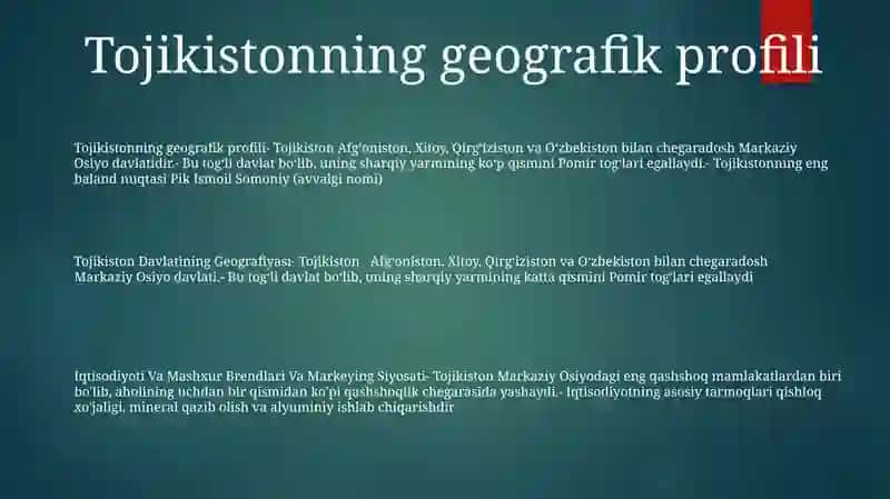 Tojikiston Davlatining Geografiyasi Iqtisodiyoti Va Mashxur Brendlari Va Markeying Siyosati 2