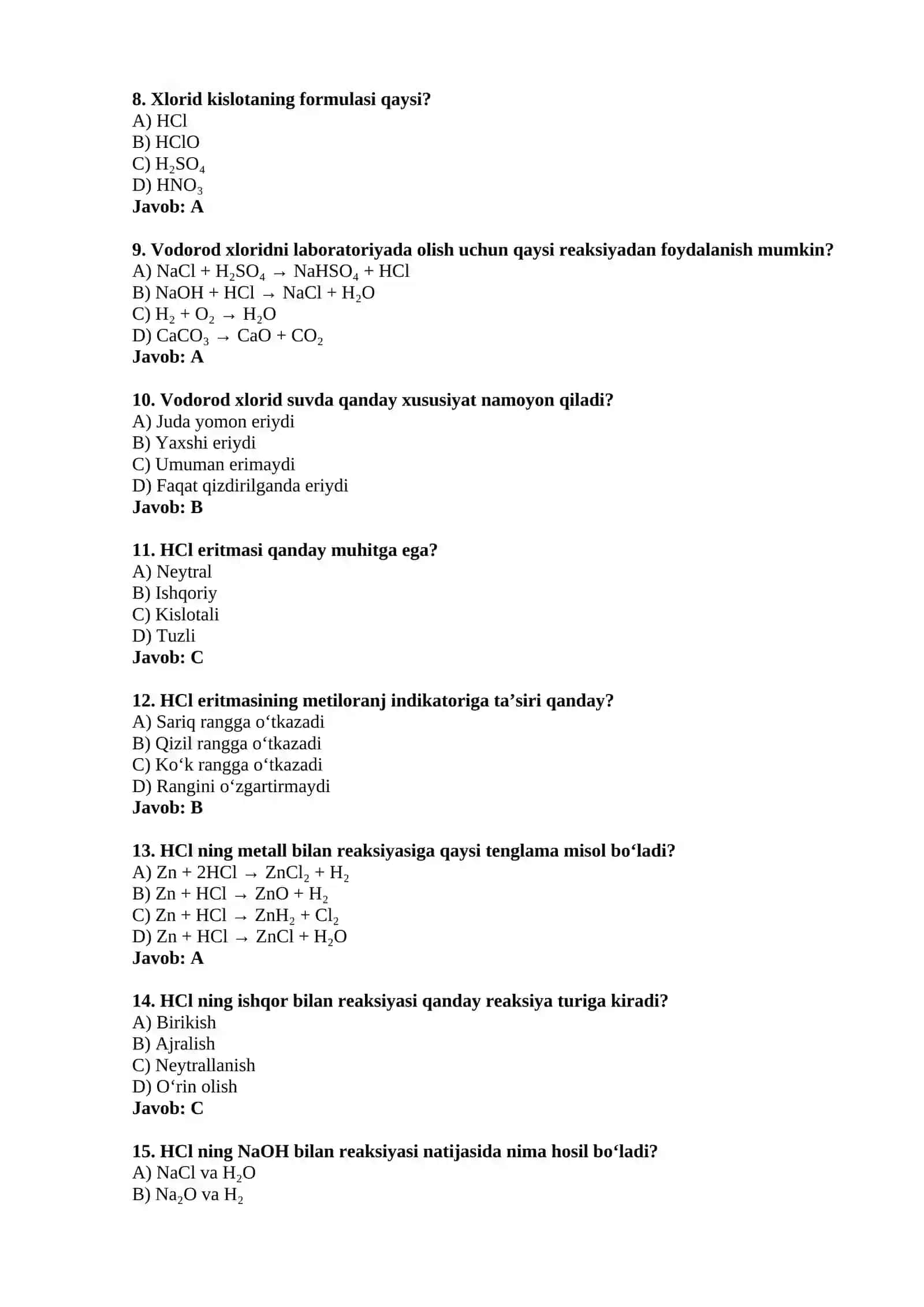"Vodorod xlorid" mavzusidan 15 ta test 2