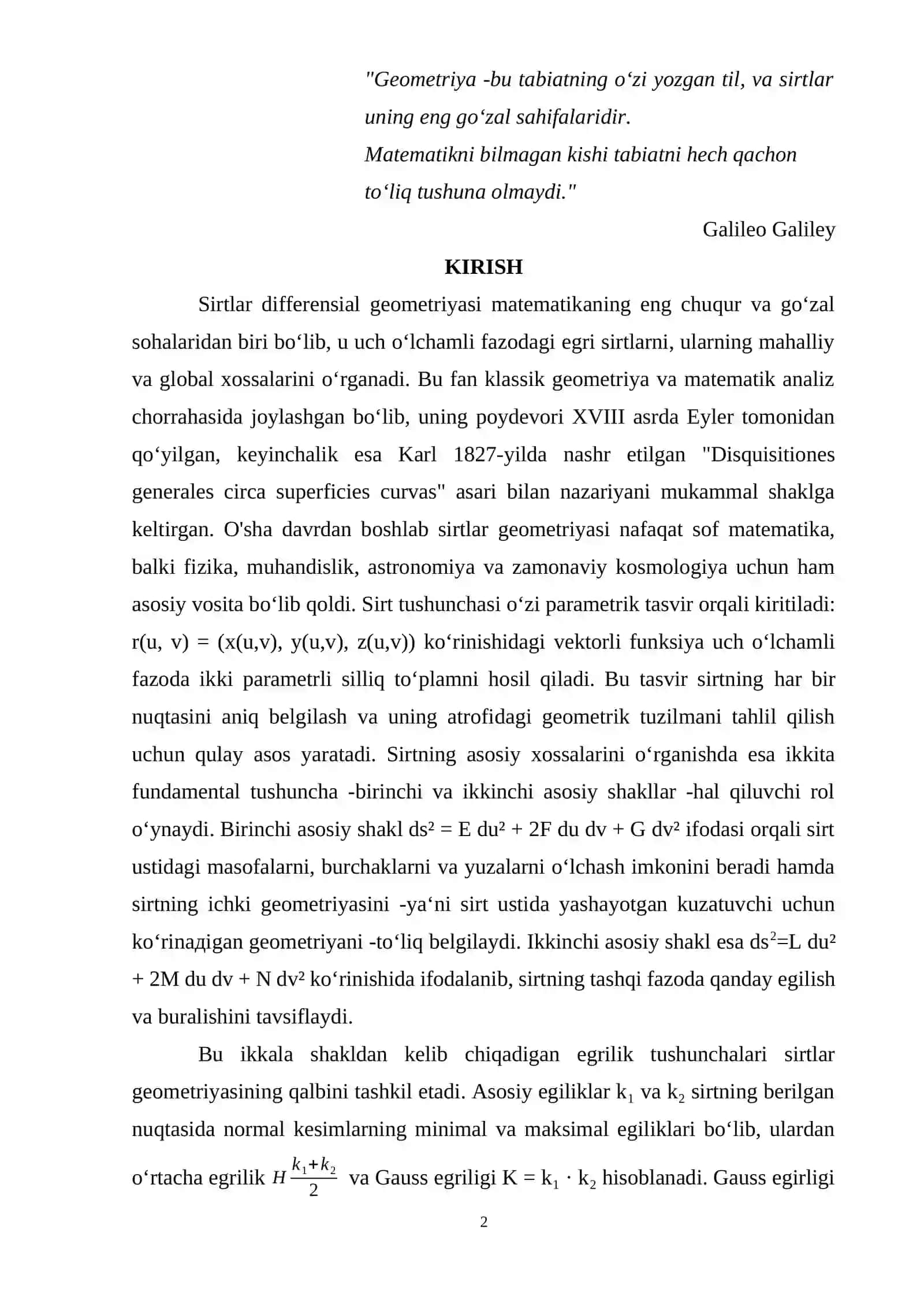 Sirtlar differensial geometriyasi va asosiy elementlari 2