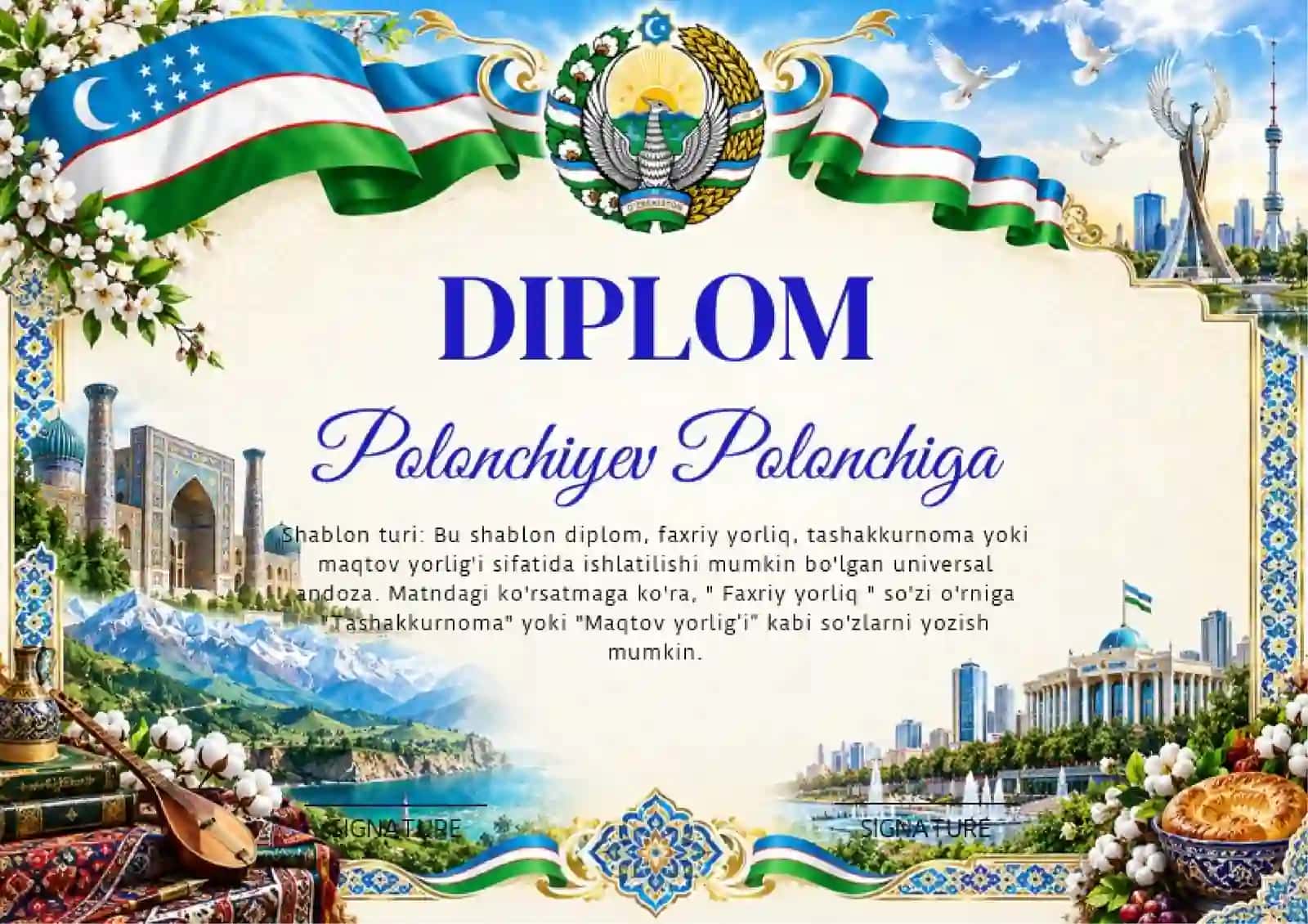 Shablon diplom, sertifikat, faxriy yorliq, tashakkurnoma yoki maqtov yorlig'i 2