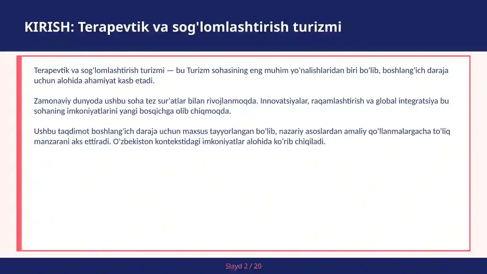 Terapevtik va sog'lomlashtirish turizmi 2