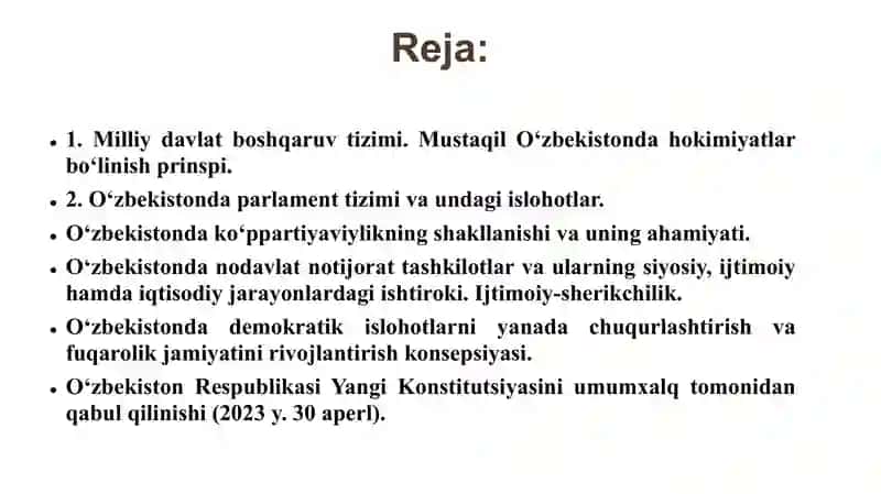 O‘zbekistonda demokratik, fuqorolik jamiyati asoslarining shakllanishi, amalga oshirilgan siyosiy islohotlar. 2