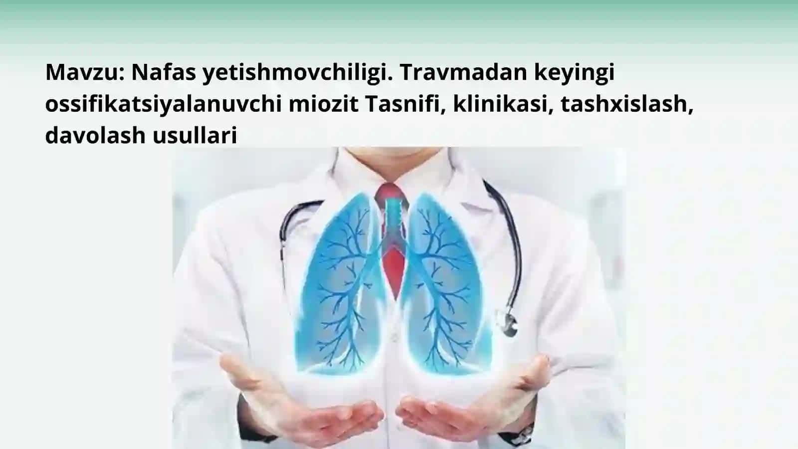 Nafas yetishmovchiligi. Travmadan keyingi ossifikatsiyalanuvchi miozit kinikasi, tashxis, davolash. 2