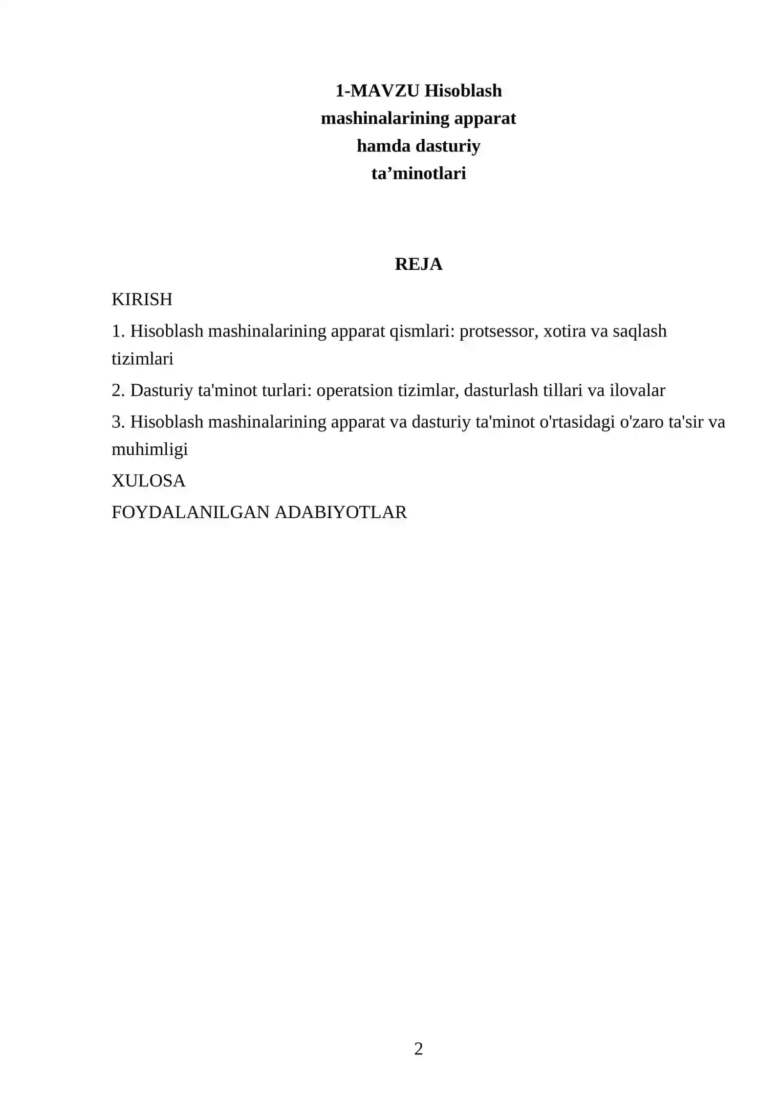Hisoblash mashinalarining apparat hamda dasturiy ta'minotlari 2