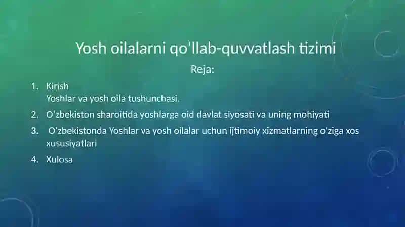 Yosh oilalarni qo’llab-quvvatlash tizimi 2
