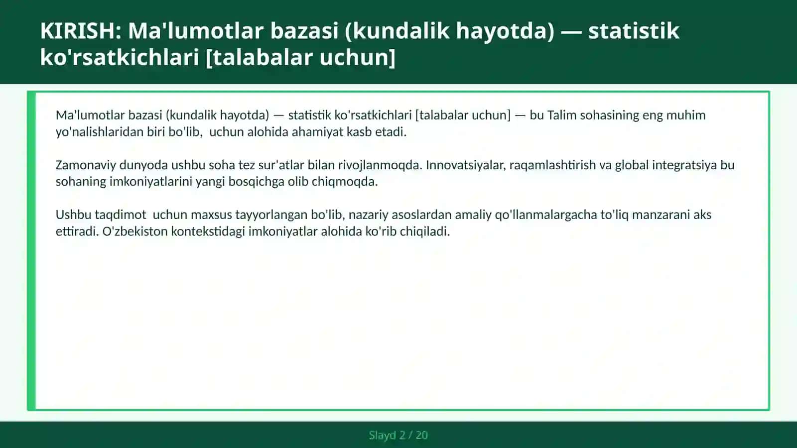 Ma'lumotlar bazasi (kundalik hayotda) — statistik ko'rsatkichlari [talabalar uchun] 2