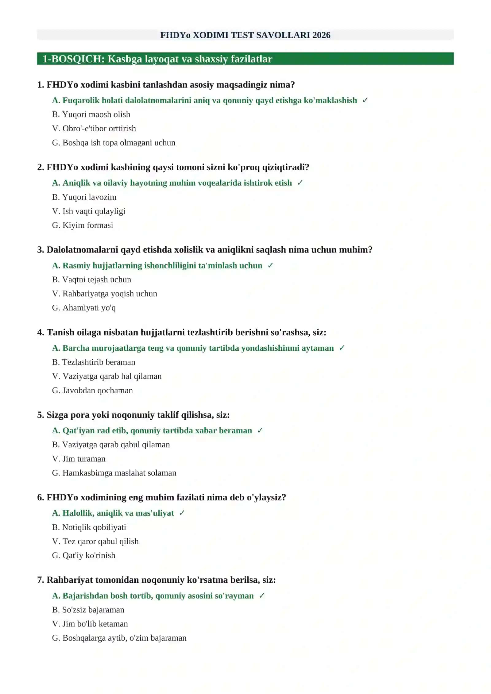 FHDYo (FUQAROLIK HOLATI DALOLATNOMALARI) XODIMI TEST SAVOLLARI 90 ta savol va javoblar 2