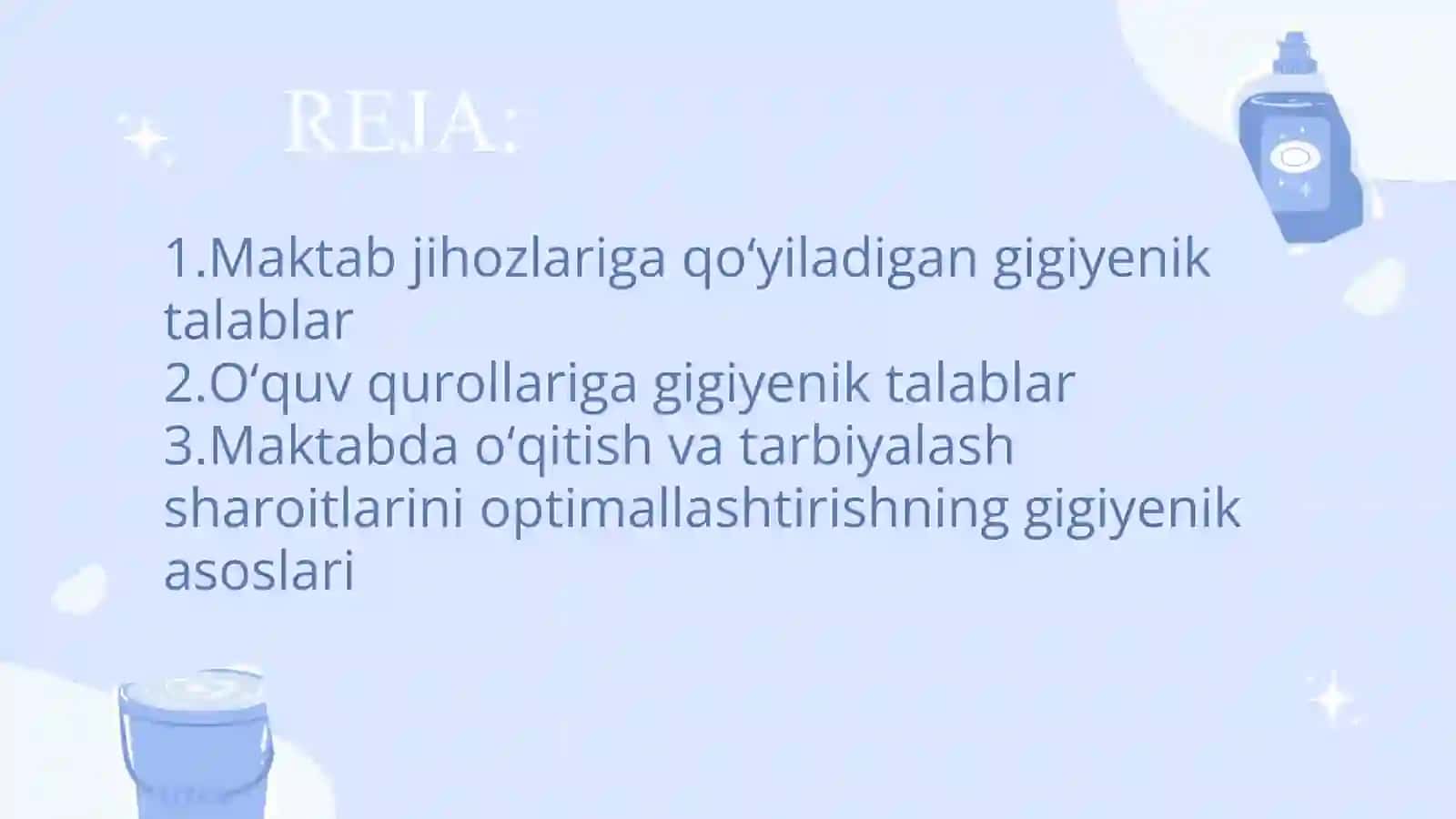MAKTABLARNI JIXOZLASHGA VA O'QUV QUROLLARIGA BO'LGAN GIGIYENIK TALABLAR.MAKTABDA O'QITISH VA TARBIYALASH SHAROITLARINI  OPTIMALLASHTIRISH  ASOSLAR 2