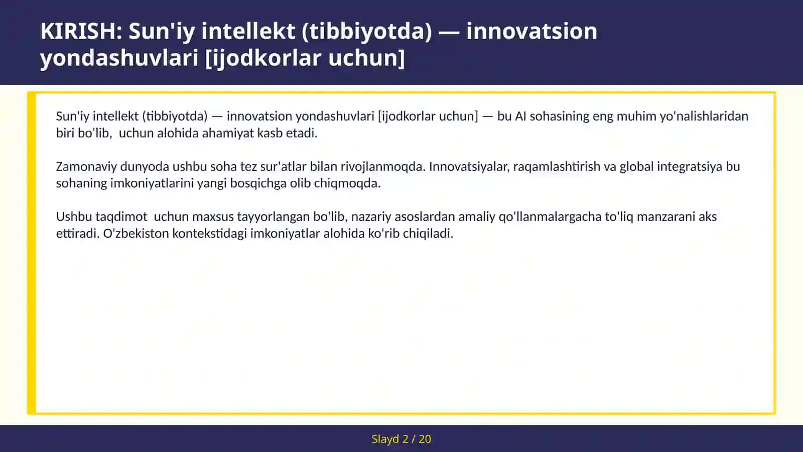 Sun'iy intellekt (tibbiyotda) — innovatsion yondashuvlari [ijodkorlar uchun] 2