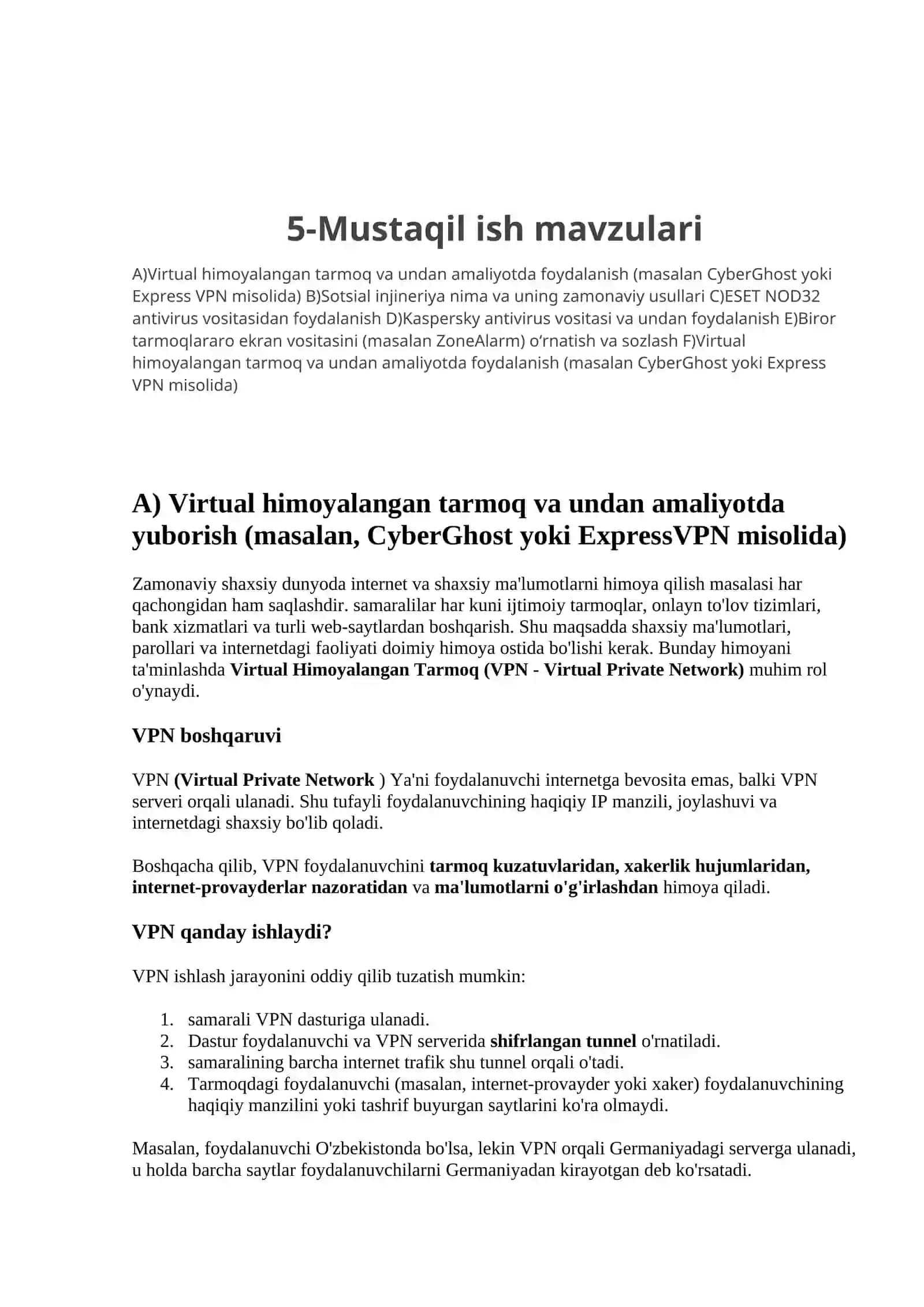 Kiberxavfsizlik asosolari fanidan 5-Mustaqil ish 2