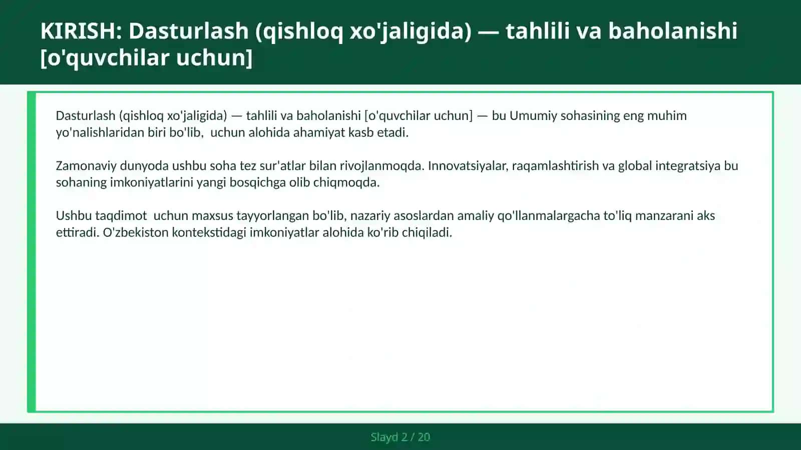 Dasturlash (qishloq xo'jaligida) — tahlili va baholanishi [o'quvchilar uchun] 2
