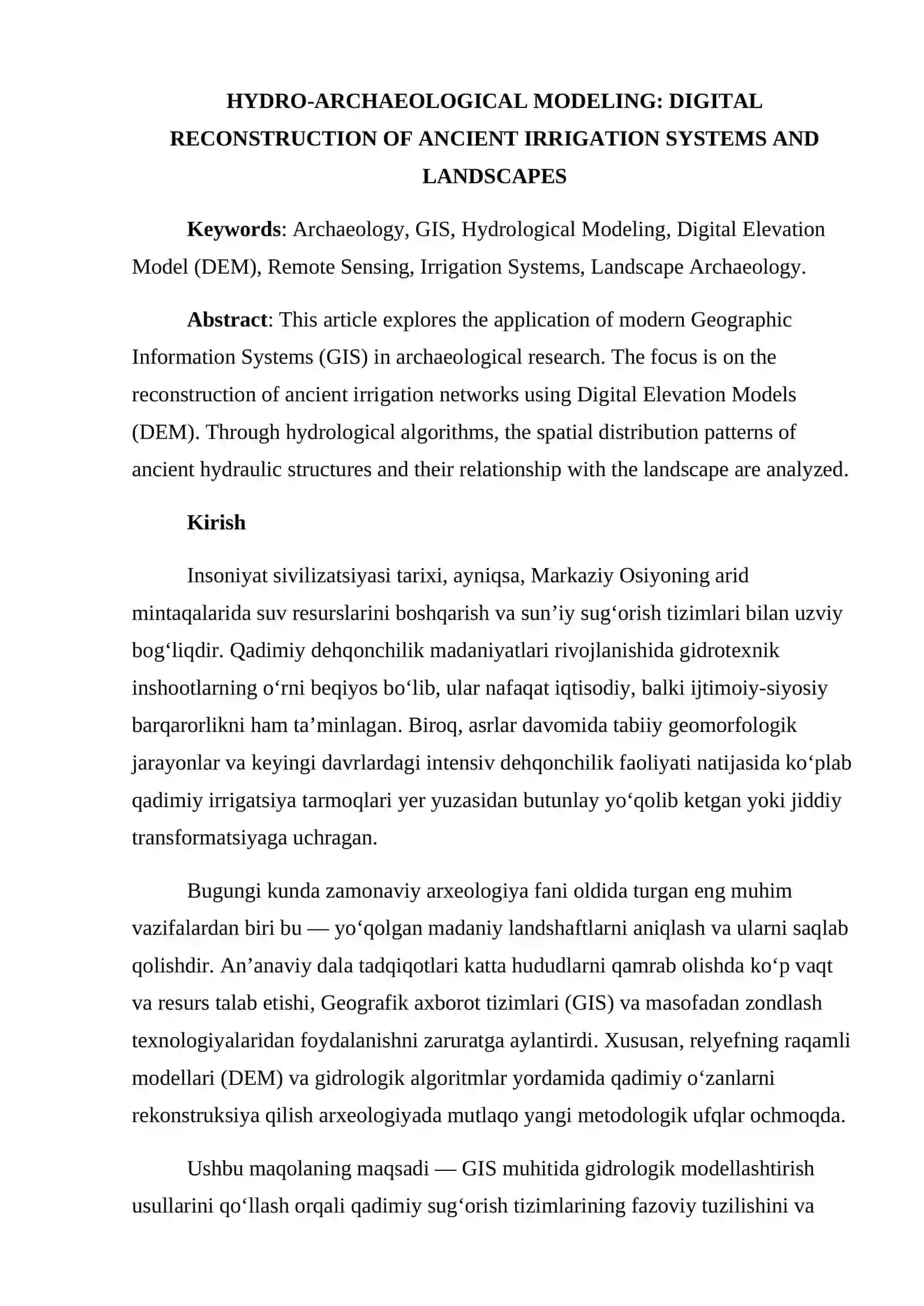 GIDRO-ARXEOLOGIK MODELLASHTIRISH: QADIMGI SUGʻORISH TIZIMLARI VA LANDSHAFTNING RAQAMLI REKONSTRUKSIYASI 2