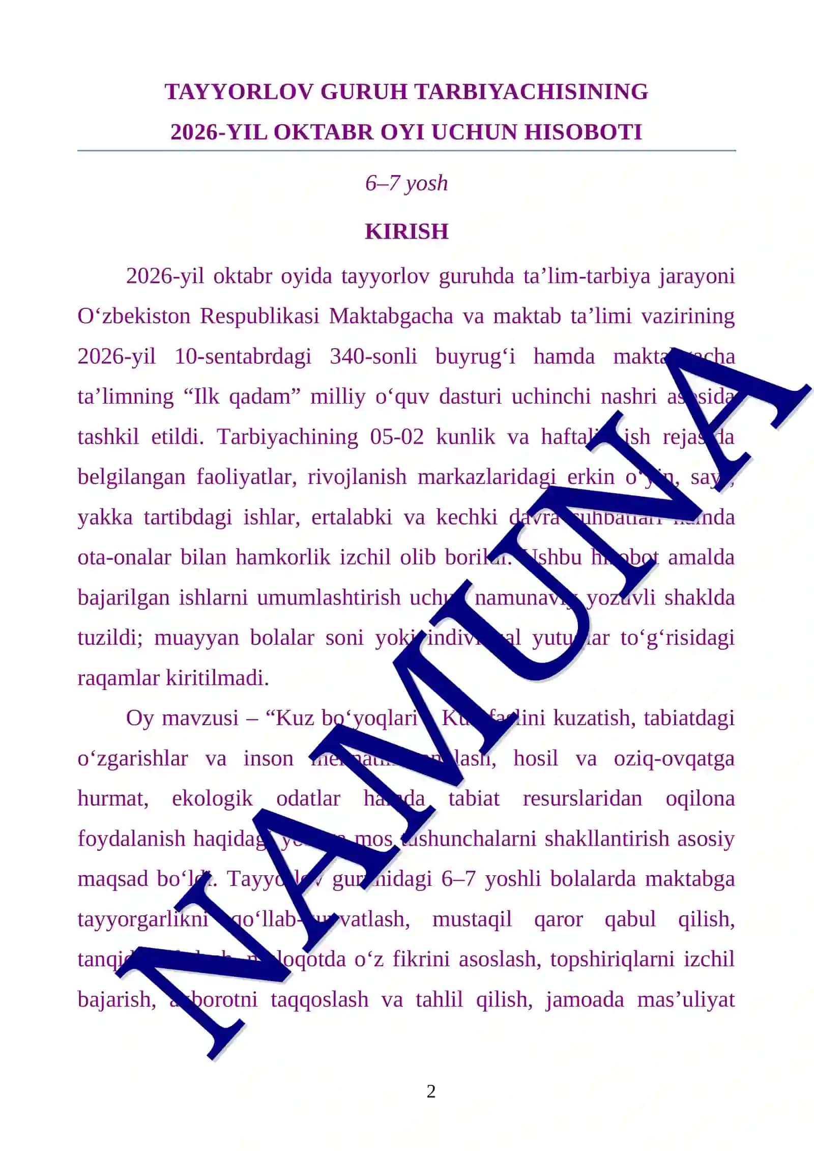 Tarbiyachi hisoboti 2026-yil oktabr oyiga 2