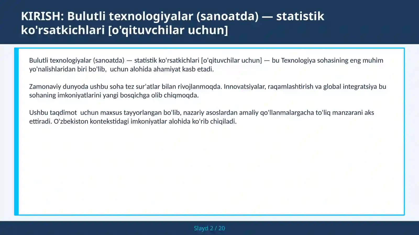 Bulutli texnologiyalar (sanoatda) — statistik ko'rsatkichlari [o'qituvchilar uchun] 2