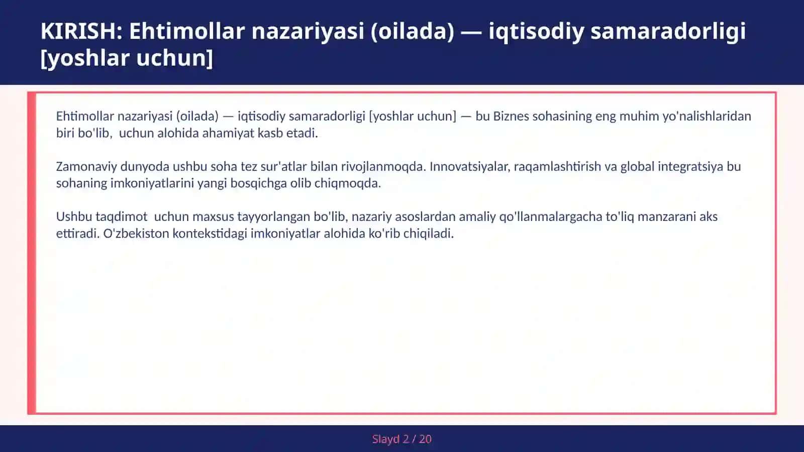 Ehtimollar nazariyasi (oilada) - iqtisodiy samaradorligi [yoshlar uchun] 2