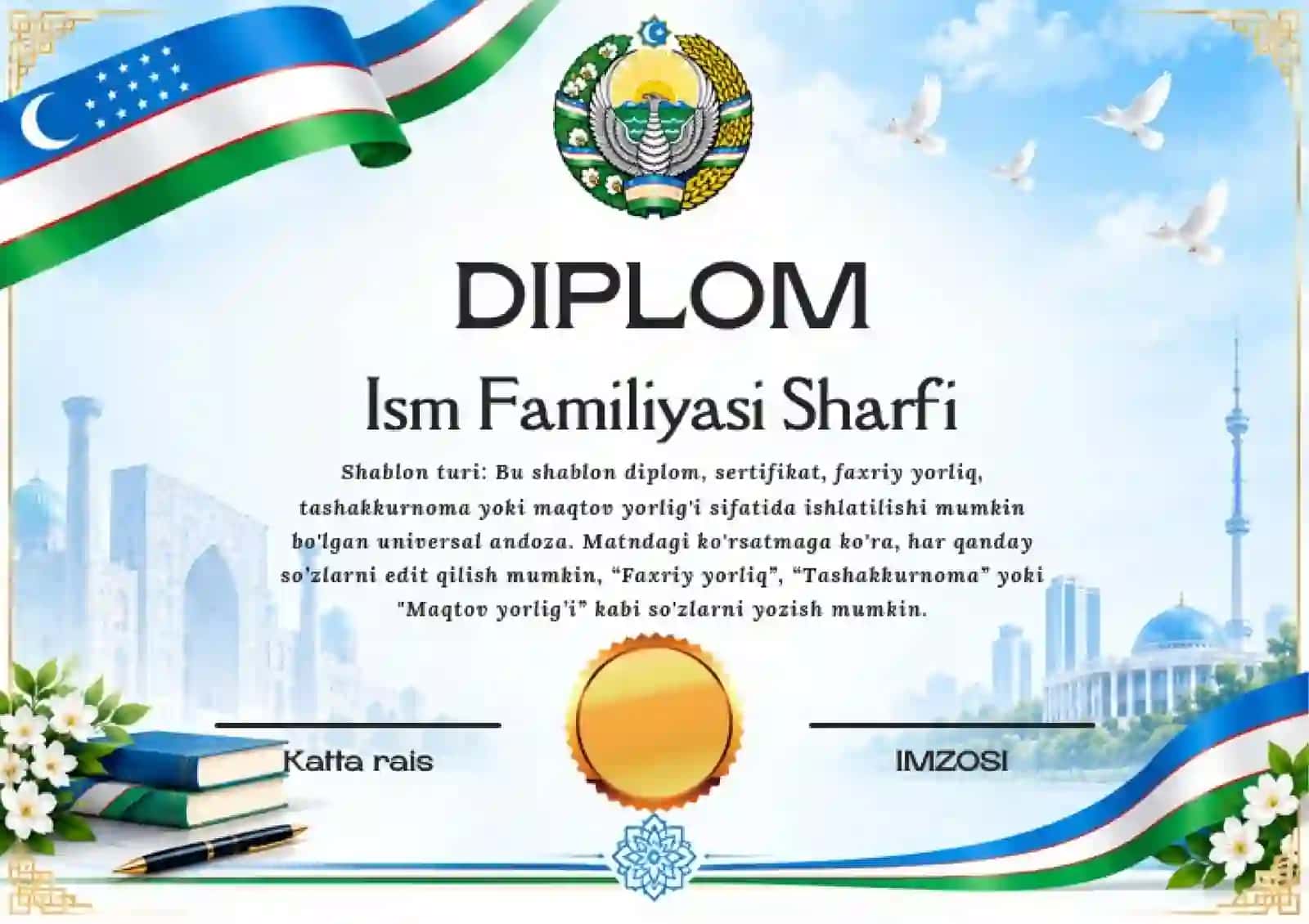 Shablon diplom, sertifikat, faxriy yorliq, tashakkurnoma yoki maqtov yorlig'i 2