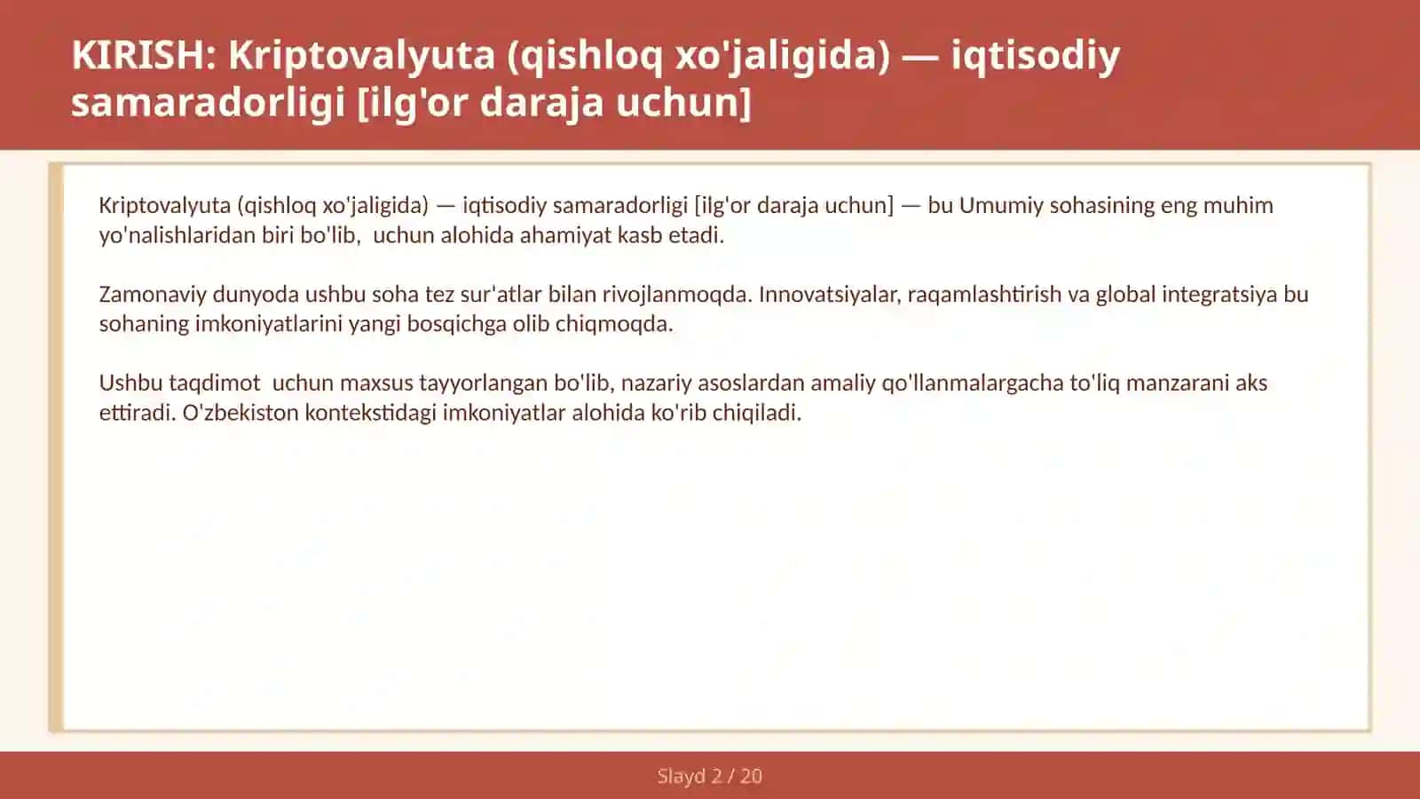 KRIPTOVALYUTA (QISHLOQ XO'JALIGIDA) — IQTISODIY SAMARADORLIGI 2