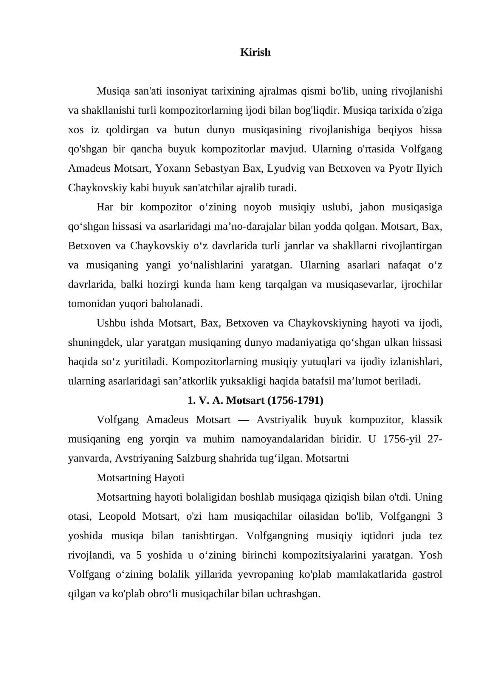 Jahon kompazitorlari V ʼ A, Motsart .I,S,Baxt, L,V,Betxoven va P,I,Chaykovskiy hayoti va ijodi 2